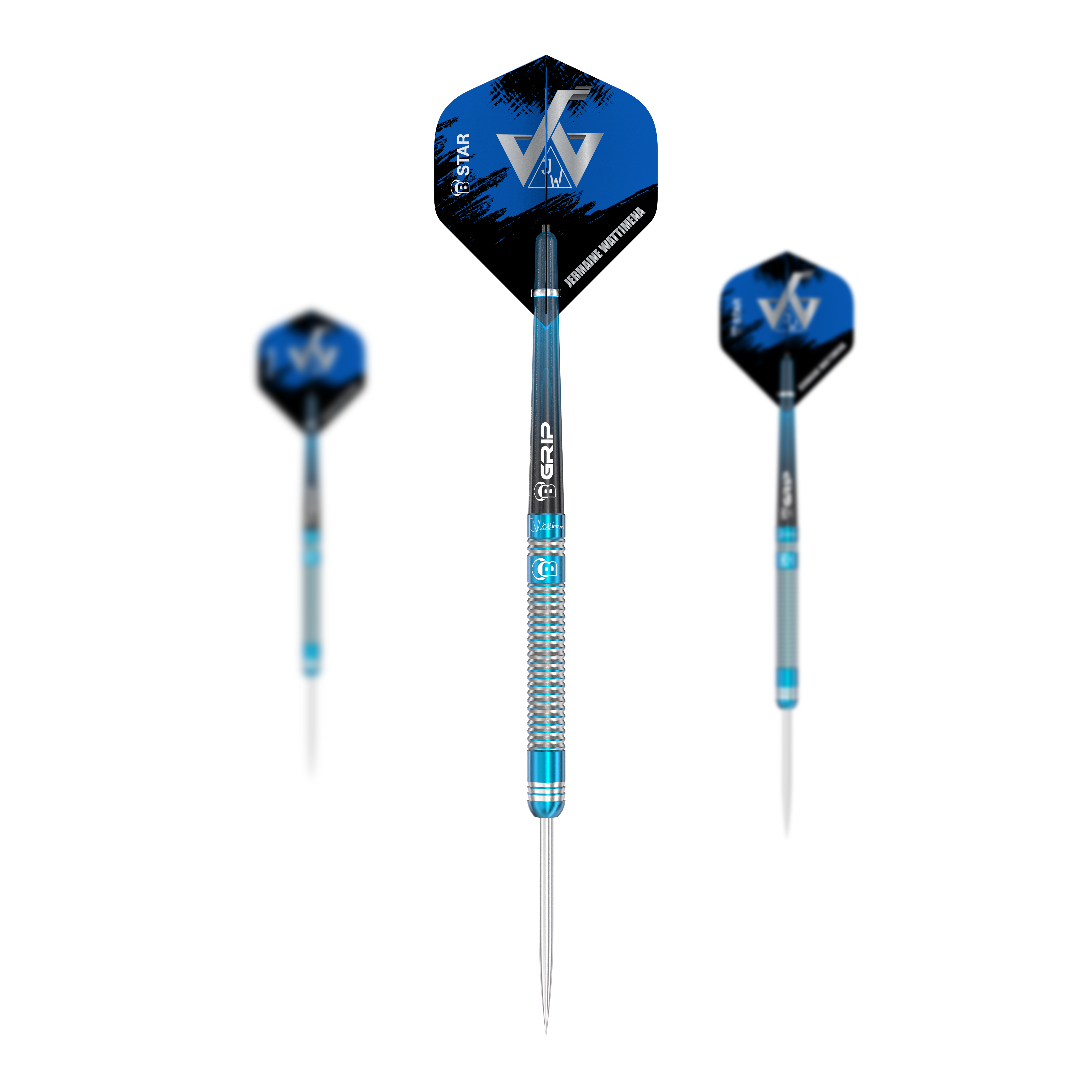 Das Bild zeigt drei Steeldarts des Modells "Bulls Jermaine Wattimena Generation 3". Die Darts haben blaue Flights mit weißen Initialen und silber-blau gestreifte Schäfte.